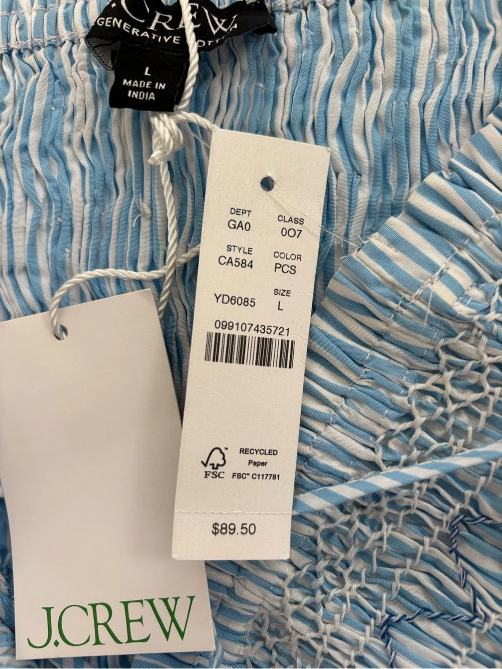 J. Crew Paloma Blue Smocked Cami Top NWT Blue White Stripe Cotton Cottagecore L